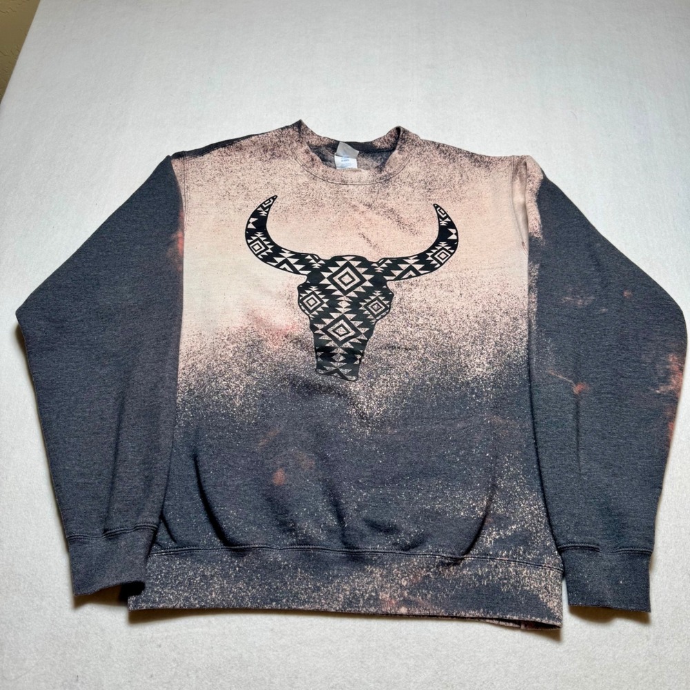 Port & Company Bleached Aztec Longhorn Bull Skull Sweatshirt Charcoal Gray M
